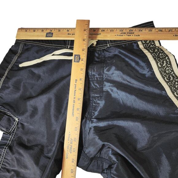 Vtg Pirate Board Shorts sz 34 Men Satin Navy Blue Nylon 90s Y2K Swim Trunks 9" - Picture 10 of 11